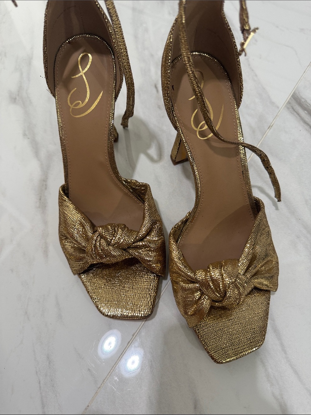Sam Edelman Metallic Gold Knot Front Block Heel Sandals